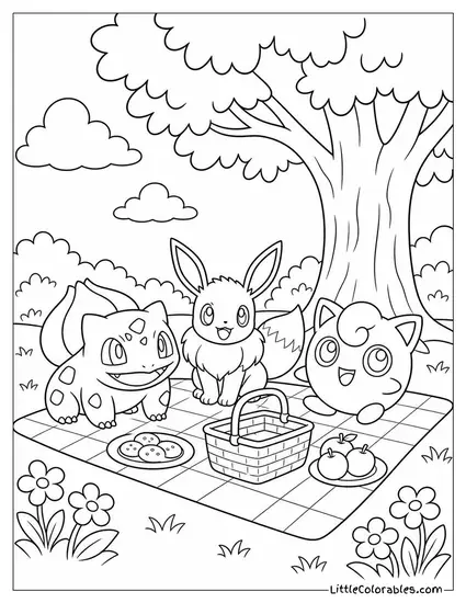 Bulbasaur Eevee and Jigglypuff Having a Picnic Under a Tree Coloring Page
