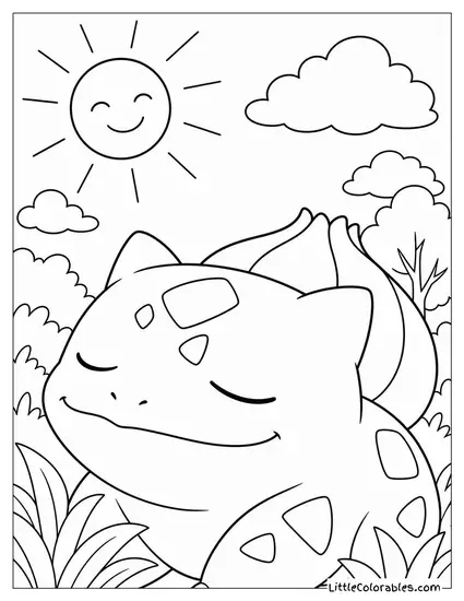 Bulbasaur Face-Close-Up with Eyes Closed Enjoying the Sun Coloring Page