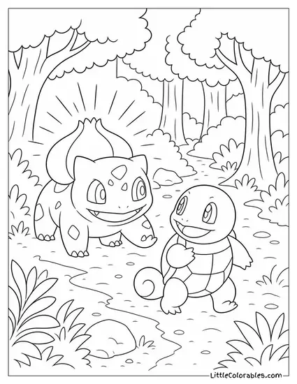 Bulbasaur Guiding Squirtle Through a Dark Forest with its Glowing Bulb Coloring Page