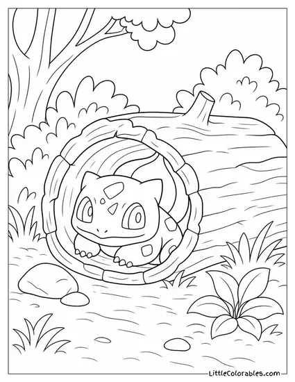 Bulbasaur Hiding Inside a Hollow Log Peeking Out Curiously Coloring Page