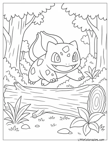 Bulbasaur Hopping Over a Fallen Log in the Forest Coloring Page