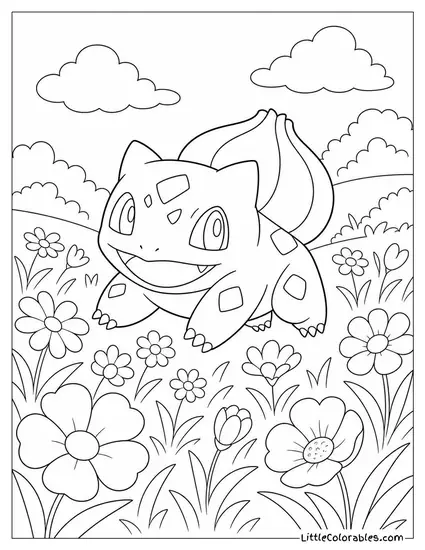 Bulbasaur Hopping Through a Field of Wildflowers Coloring Page