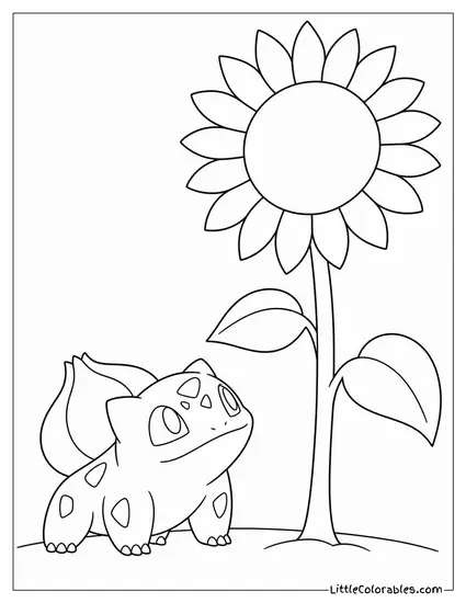Bulbasaur Looking Up at a Tall Sunflower Towering Above It Coloring Page