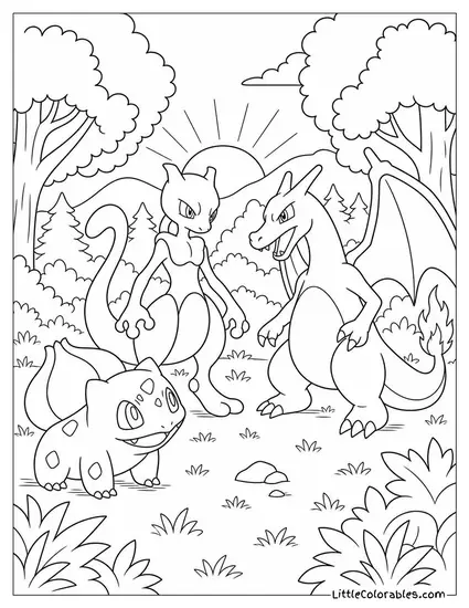 Bulbasaur Mewtwo and Charizard Meeting at a Forest Clearing at Dawn Coloring Page