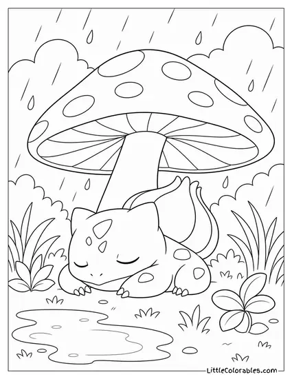 Bulbasaur Napping Under a Large Mushroom in the Rain Coloring Page
