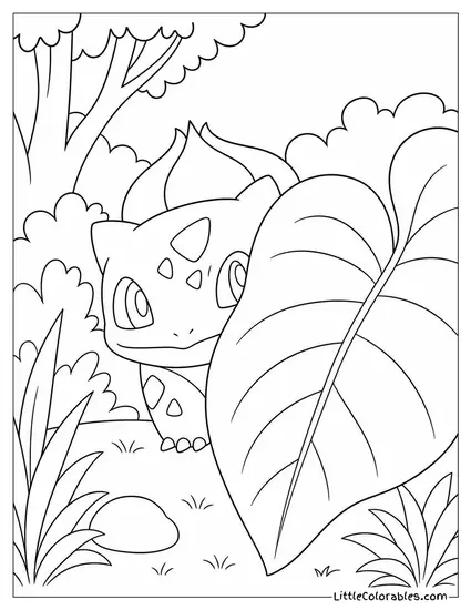 Bulbasaur Peeking Out from Behind a Giant Leaf Coloring Page