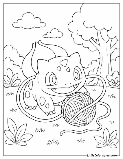 Bulbasaur Playing with a Ball of Yarn Using Its Vines Coloring Page