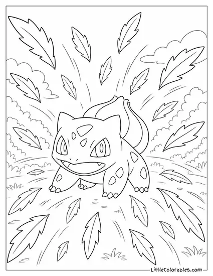 Bulbasaur Releasing a Razor Leaf Storm in Every Direction Coloring Page