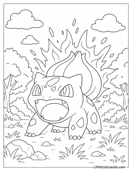 Bulbasaur Roaring with Its Bulb Pulsing Green Energy Coloring Page
