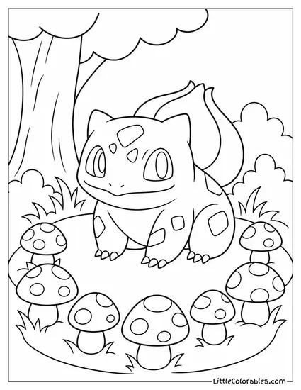Bulbasaur Sitting in a Circle of Mushrooms in the Forest Coloring Page