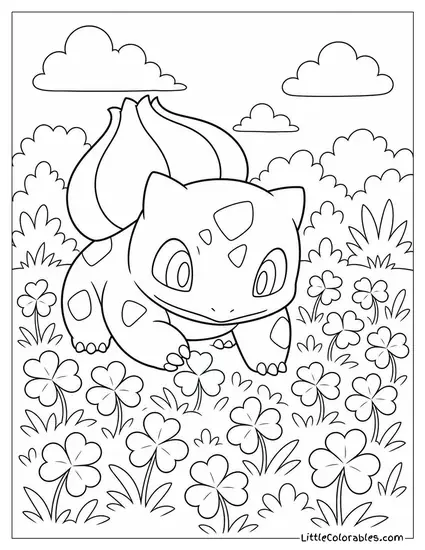 Bulbasaur Sitting in a Patch of Clover Searching for a Lucky One Coloring Page
