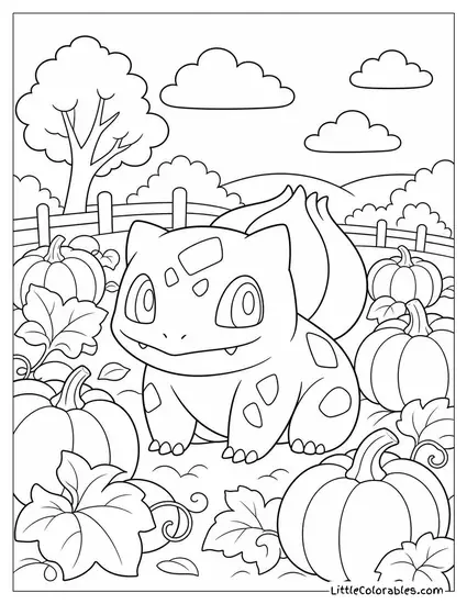 Bulbasaur Sitting in a Pumpkin Patch Among Autumn Pumpkins Coloring Page