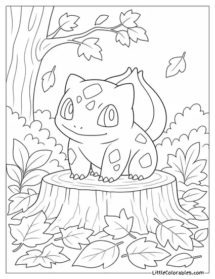 Bulbasaur Sitting on a Tree Stump Surrounded by Fallen Leaves Coloring Page