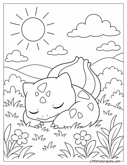 Bulbasaur Sleeping Curled Up in a Sunny Meadow Coloring Page