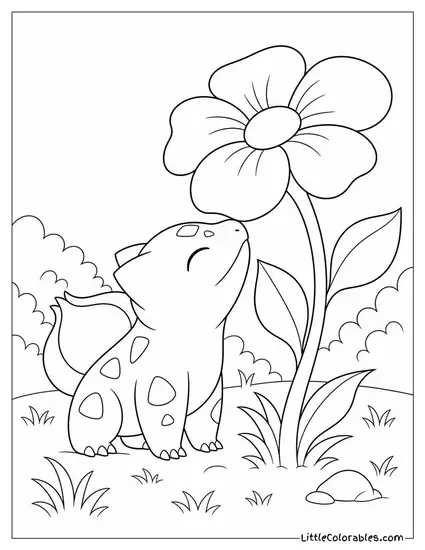Bulbasaur Sniffing a Large Flower Taller Than Itself Coloring Page