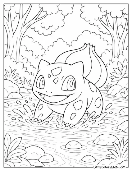 Bulbasaur Splashing Happily in a Shallow Forest Stream Coloring Page