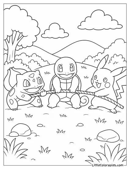 Bulbasaur Squirtle and Pikachu in a Three Way Tug of War Coloring Page
