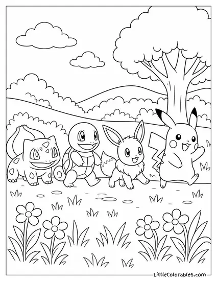 Bulbasaur Squirtle Eevee and Pikachu Walking in a Line Through a Field Coloring Page