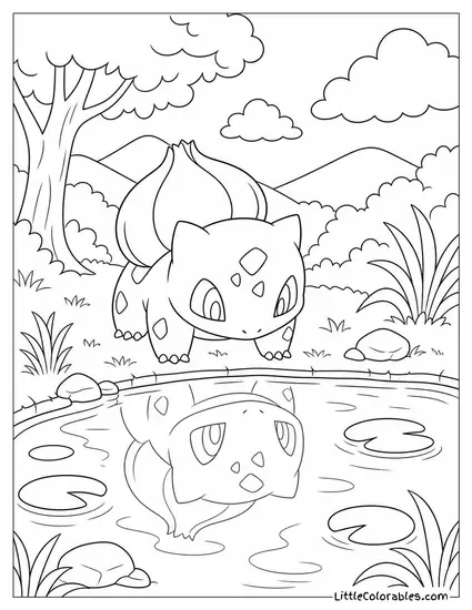 Bulbasaur Standing at the Edge of a Pond Watching Its Reflection Coloring Page
