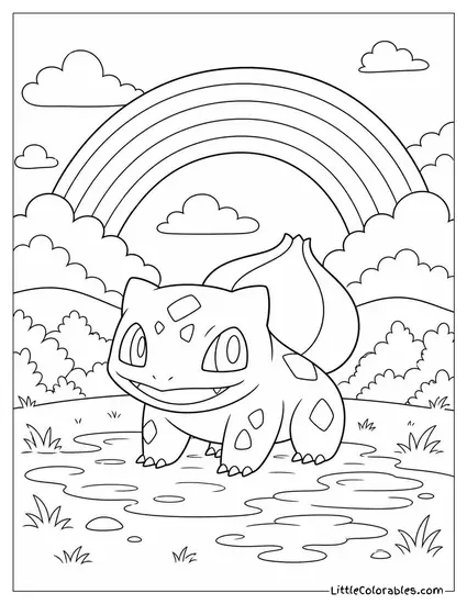 Bulbasaur Standing Beneath a Rainbow After a Passing Storm Coloring Page