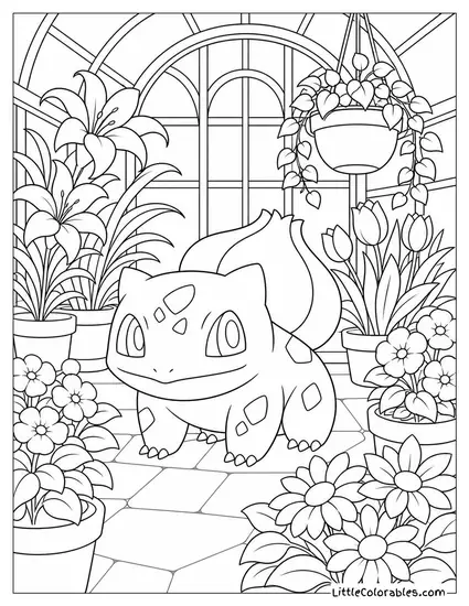 Bulbasaur Standing in a Greenhouse Surrounded by Blooming Flowers Coloring Page