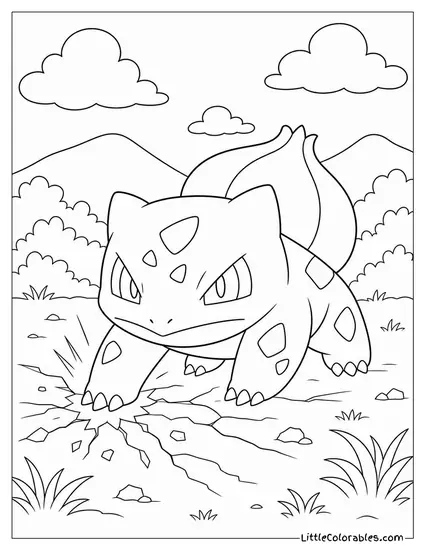 Bulbasaur Stomping the Ground with Eyes Narrowed in Battle Stance Coloring Page