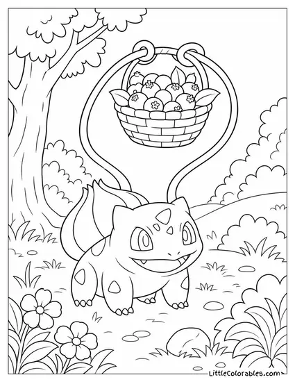 Bulbasaur Using Its Vines to Carry a Basket of Berries Coloring Page