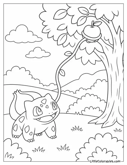Bulbasaur Using Vine Whip to Pick an Apple from a Tree Coloring Page