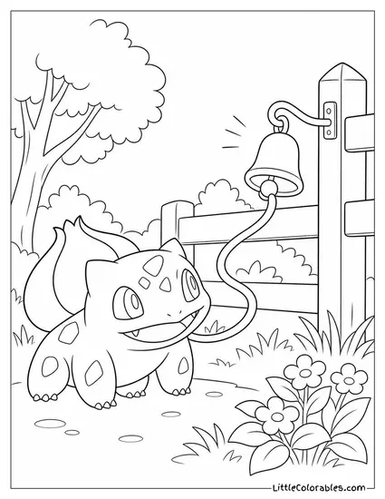 Bulbasaur Using Vine Whip to Ring a Small Bell on a Fence Coloring Page