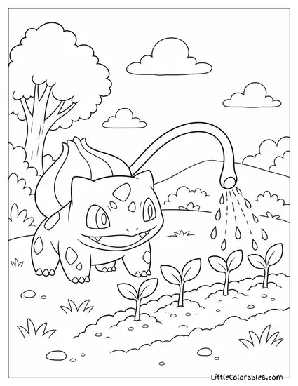 Bulbasaur Using Vine Whip to Water a Row of Small Plants Coloring Page