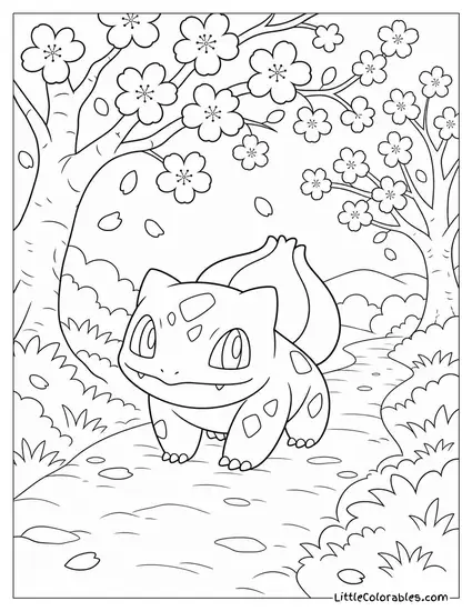 Bulbasaur Walking Along a Path Lined with Cherry Blossom Trees Coloring Page