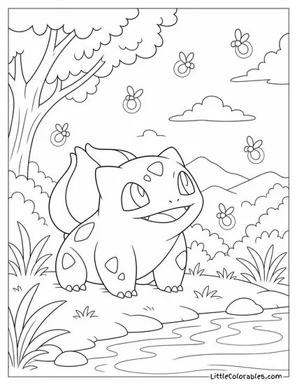Bulbasaur Watching Fireflies Glow Around It at Dusk Coloring Page