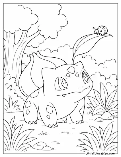Bulbasaur with a Ladybug Resting on the Tip of One Leaf Coloring Page