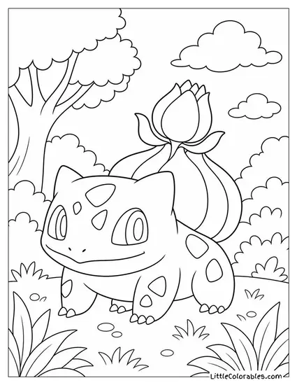 Bulbasaur with Its Bulb Beginning to Bloom into a Small Flower Coloring Page