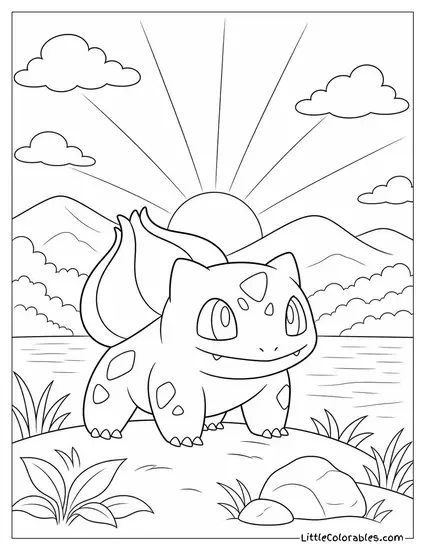Bulbasaur with Its Bulb Catching the Very First Rays of Sunrise Coloring Page