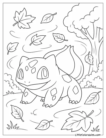 Bulbasaur with Leaves Swirling Around It in an Autumn Breeze Coloring Page