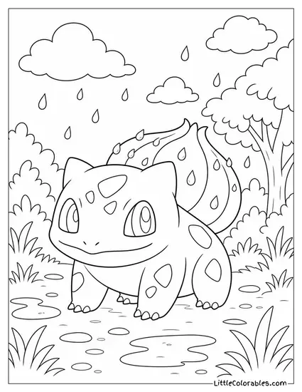 Bulbasaur with Raindrops Collecting on Its Bulb After a Rain Shower Coloring Page