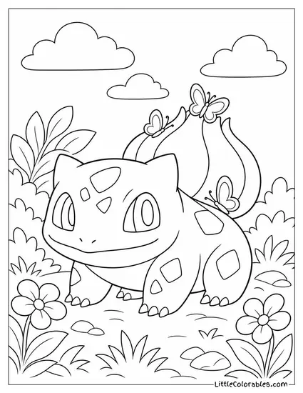 Bulbasaur with Tiny Butterflies Resting on Its Leafy Bulb Coloring Page