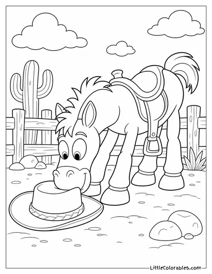 Bullseye Nuzzling Woodys Hat on the Ground Toy Story Coloring Page