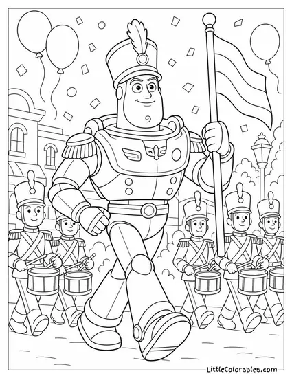 Buzz Lightyear in a Toy Soldier Uniform Marching in a Parade Coloring Page