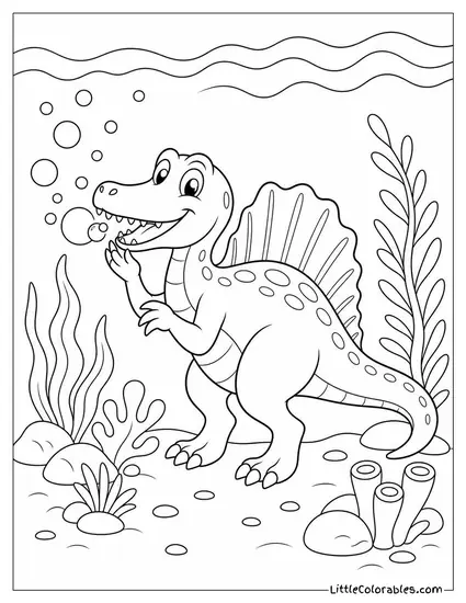 Cartoon Spinosaurus Blowing Bubbles Underwater with a Happy Face Coloring Page