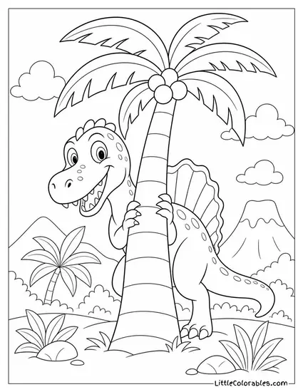 Cartoon Spinosaurus Playing Peekaboo Behind a Palm Tree Coloring Page