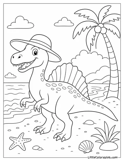 Cartoon Spinosaurus Wearing a Sun Hat at the Beach Coloring Page