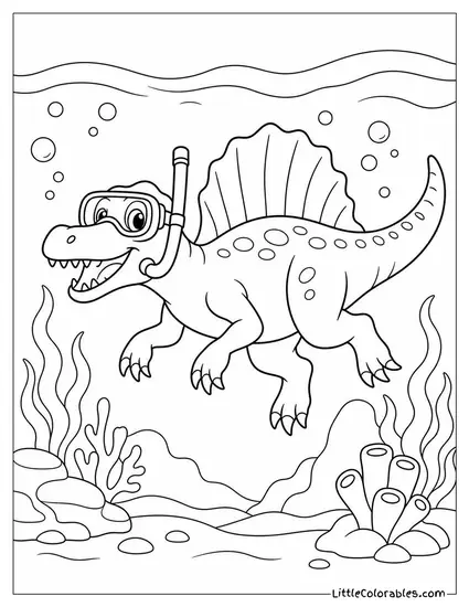 Cartoon Spinosaurus Wearing a Tiny Snorkel and Goggles Coloring Page