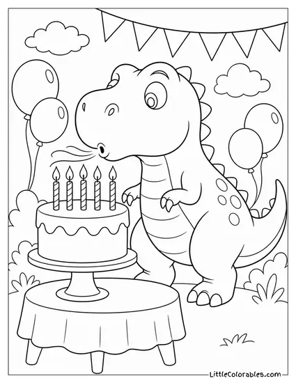 Cartoon T-Rex Blowing Out Candles on a Birthday Cake Coloring Page