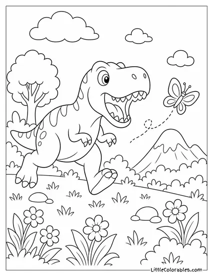 Cartoon T-Rex Chasing a Butterfly Through a Meadow Coloring Page