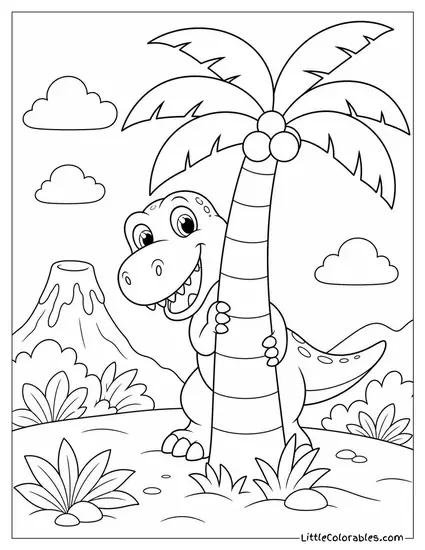 Cartoon T-Rex Playing Peekaboo Behind a Palm Tree Coloring Page