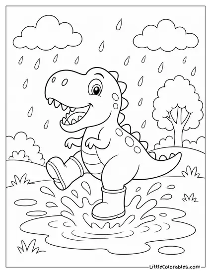 Cartoon T-Rex Wearing Rain Boots Jumping in a Puddle Coloring Page