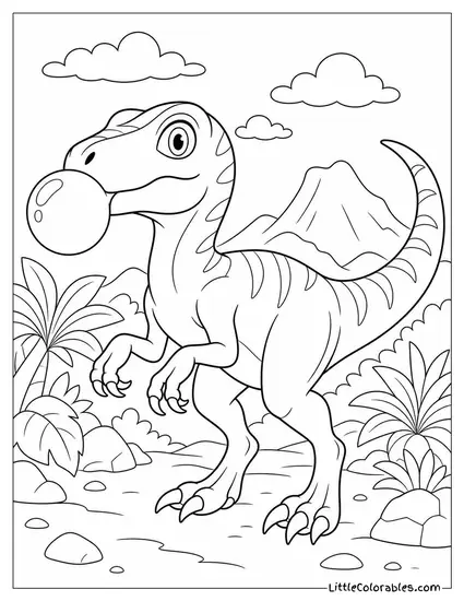 Cartoon Velociraptor Blowing a Single Bubblegum Bubble Coloring Page