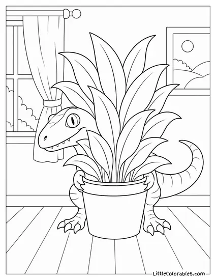 Cartoon Velociraptor Disguised Badly Behind a Potted Plant Coloring Page